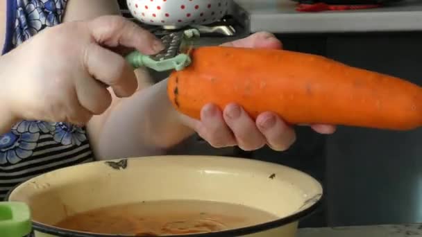 Une Femme Cuisinière Nettoie Les Légumes Frais — Video