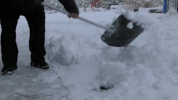 Man Cleans Snow Street Shovel — Stock Video