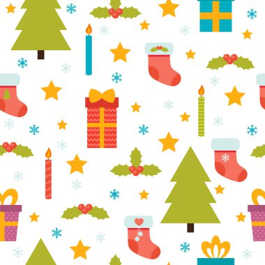 Noel ağacı, kar taneleri, yıldız, hediye ile tatil arka plan