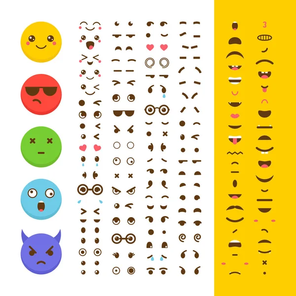 Crie seu próprio emoticon. Caras de Kawaii. Emoji. Avatar. Caráter —  Vetores de Stock