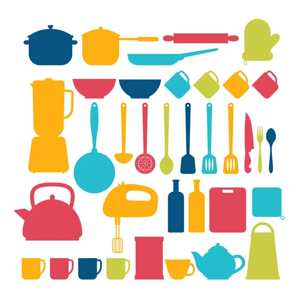Mutfak aletleri. Pişirme araçları ve mutfak ekipmanları silh — Stok Vektör
