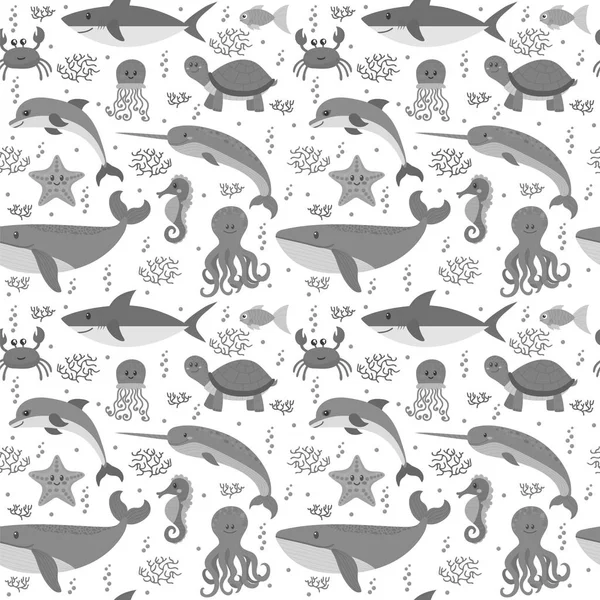 Patrón sin costuras con animales de la vida marina de dibujos animados. Tema del mar. Bajo — Vector de stock