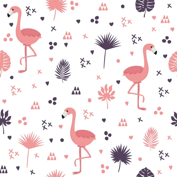 Modèle sans couture avec des flamants roses et des feuilles. Fond mignon avec — Image vectorielle