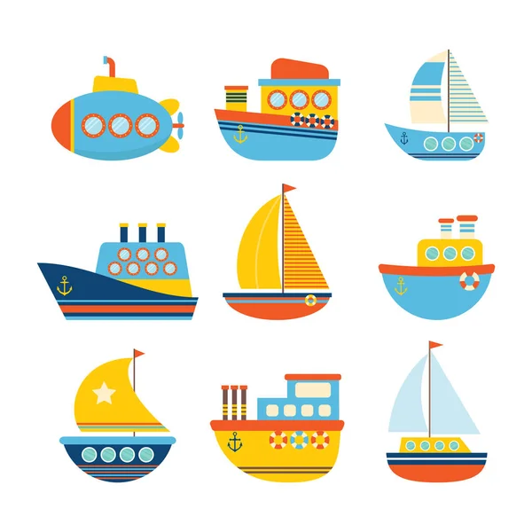 Conjunto de transporte marítimo. Diferentes tipos de barcos. Barcos de pesca, ya — Vector de stock