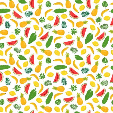 Muz, ananas, tropikal yaprak ve l ile Seamless Modeli