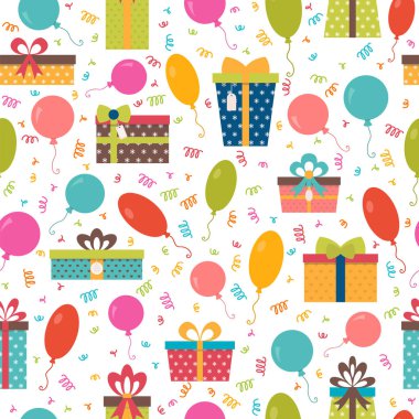Renkli hediye kutuları, konfeti ve balon ile Seamless Modeli