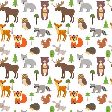 Şirin orman hayvanlar ve ağaçlar üzerinde beyaz bac ile Seamless Modeli