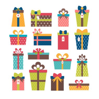 Farklı hediye kutuları kümesi. Renkli sarılmış hediye kutuları. Birthd