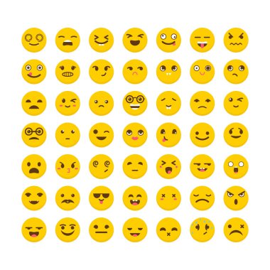 İfadeler kümesi. Komik Karikatür yüzler. Şirin emoji simgeler. Düz de