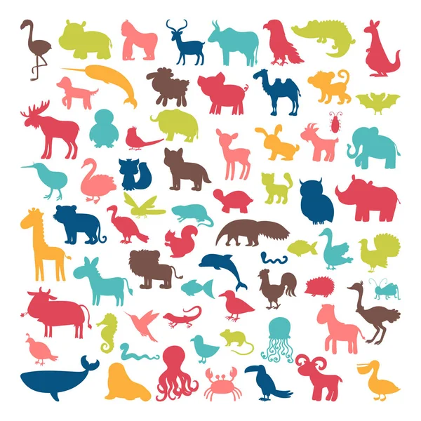Grande conjunto de animais silhuetas em estilo cartoon. Vida selvagem — Vetor de Stock