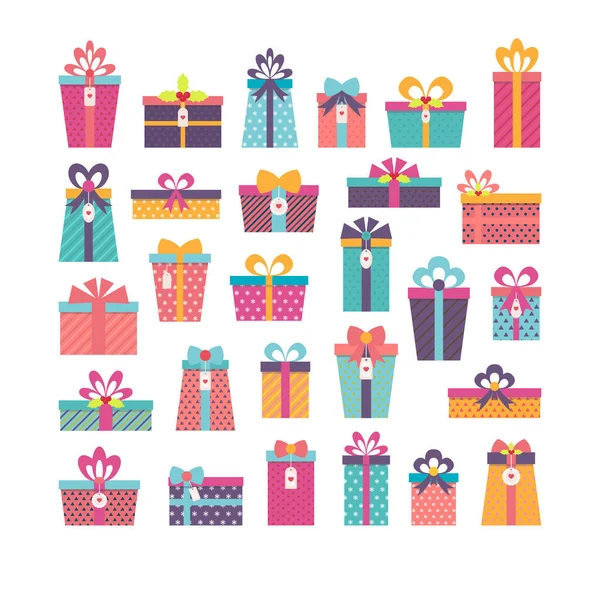 Sorpresa de cumpleaños. Conjunto de diferentes cajas de regalo. Diseño plano. Col. — Vector de stock