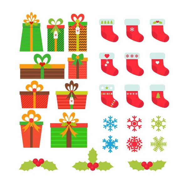 Set di icone natalizie. Confezioni regalo, fiocchi di neve, bacche di agrifoglio, Chri — Vettoriale Stock