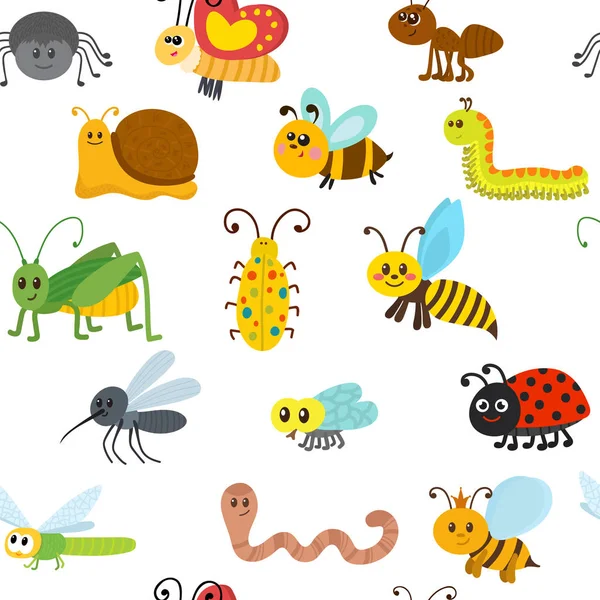 Lindo patrón sin costura de dibujos animados con insectos — Vector de stock