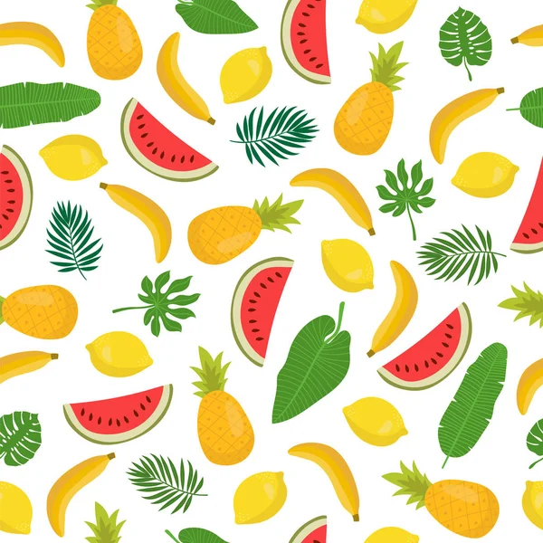 Modèle sans couture avec bananes, ananas, feuilles tropicales et l — Image vectorielle