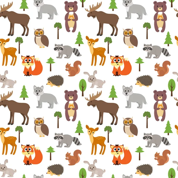 Patrón sin costuras con lindos animales del bosque y árboles en bac blanco — Vector de stock