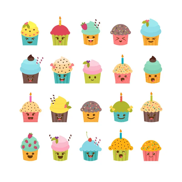 Set di cupcake e muffin. Carini i personaggi dei cartoni animati, emoji. Bir — Vettoriale Stock