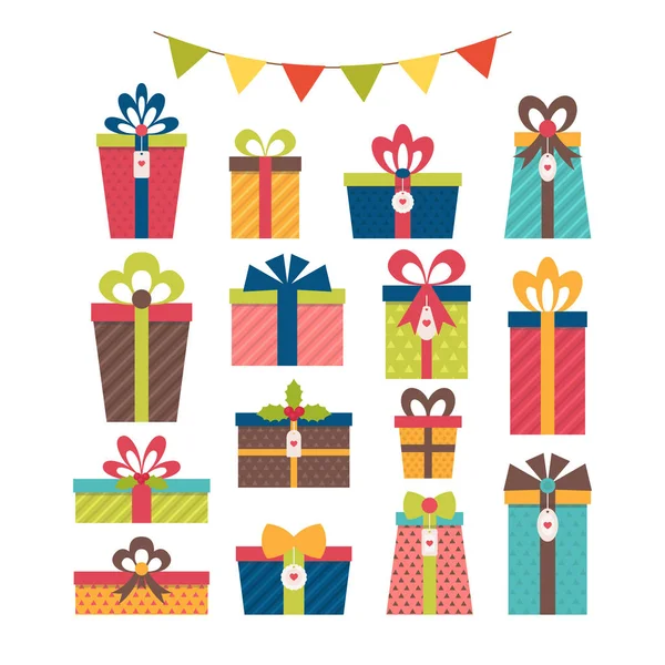 Conjunto de diferentes cajas de regalo. Regalos de Navidad. Diseño plano. Co — Vector de stock