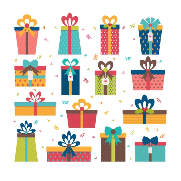 Conjunto de diferentes cajas de regalo. Diseño plano. Sorpresa de cumpleaños. Chr. — Vector de stock