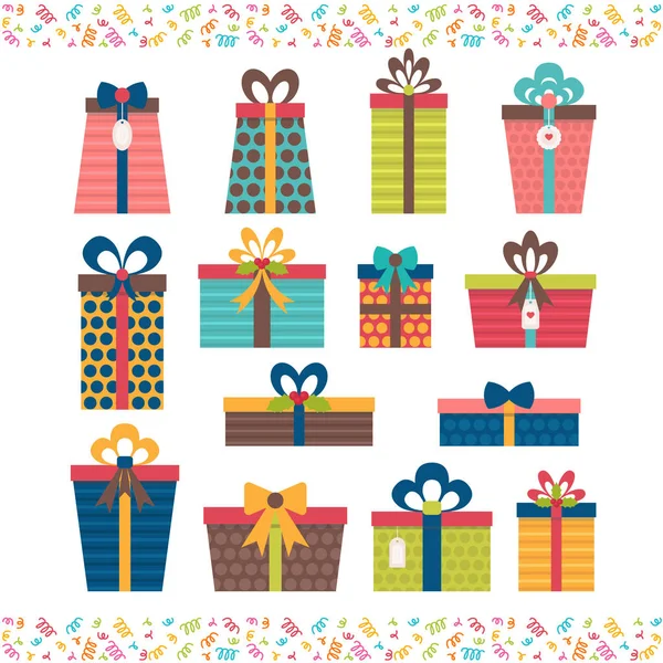 Conjunto de diferentes cajas de regalo. Diseño plano. Sorpresa de cumpleaños. Col. — Vector de stock