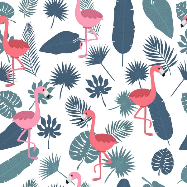 Motif tropical sans couture avec flamants roses et feuilles de palmier — Image vectorielle