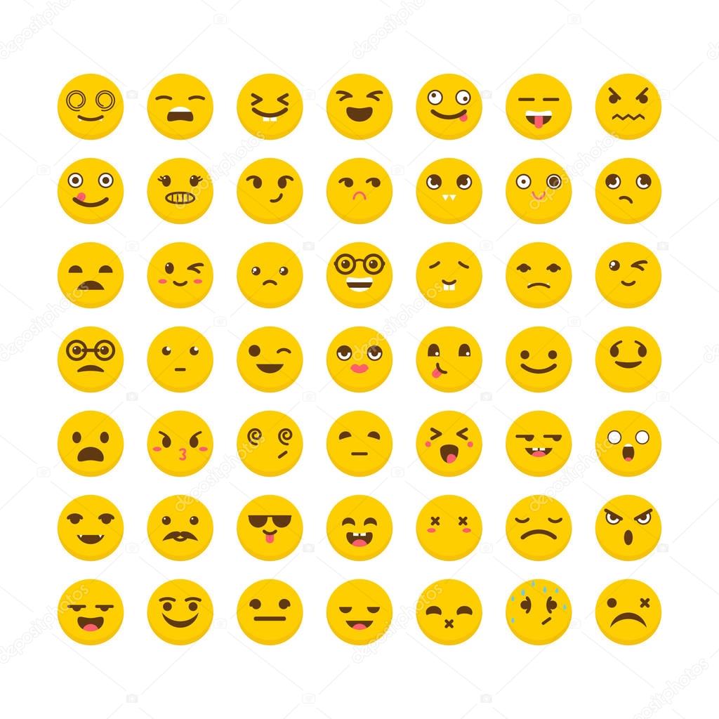 Set of emoticons. Funny cartoon faces. Cute emoji icons. Flat design. Avatars. Vector illustration