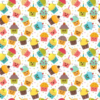 Doğum günü arka plan. Kawaii cupcakes. Cupc ile Seamless Modeli