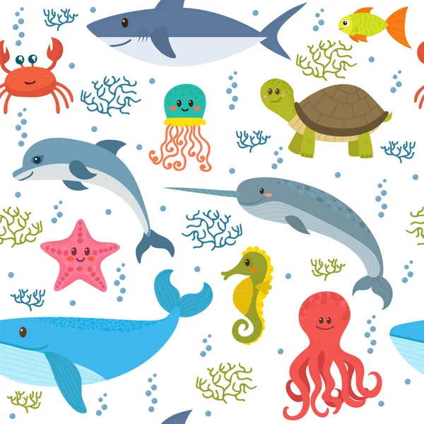 Απρόσκοπτη μοτίβο με ζώα ζωή θάλασσα κινουμένων σχεδίων. Υποβρύχια backg — Διανυσματικό Αρχείο