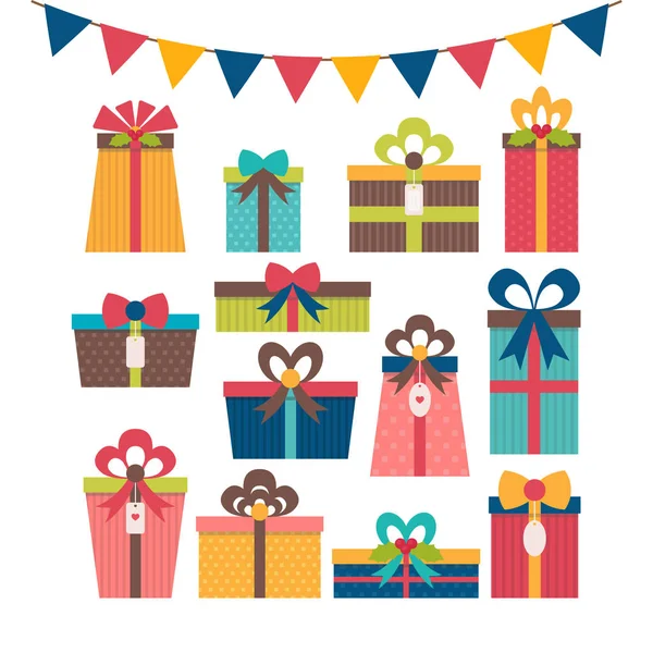 Conjunto de diferentes cajas de regalo. Coloridas cajas de regalo envueltas. Cumpleaños. — Vector de stock