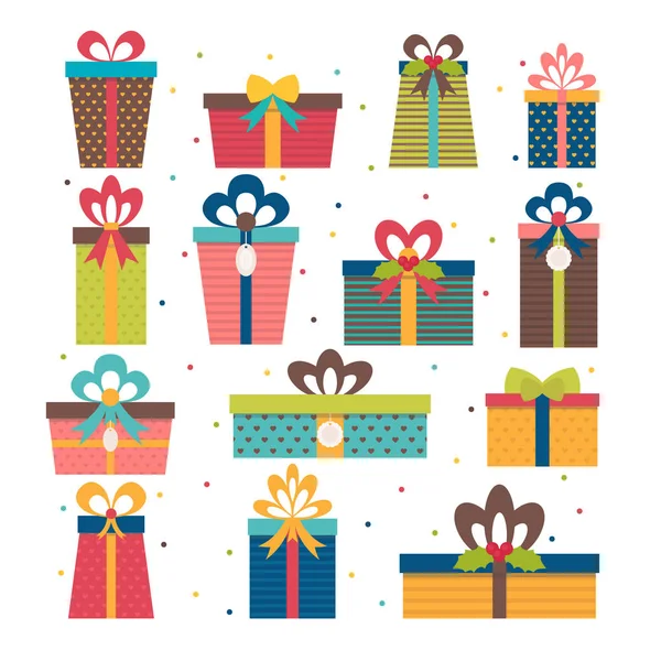 Conjunto de diferentes cajas de regalo. Diseño plano. Regalos de Navidad. Co — Vector de stock