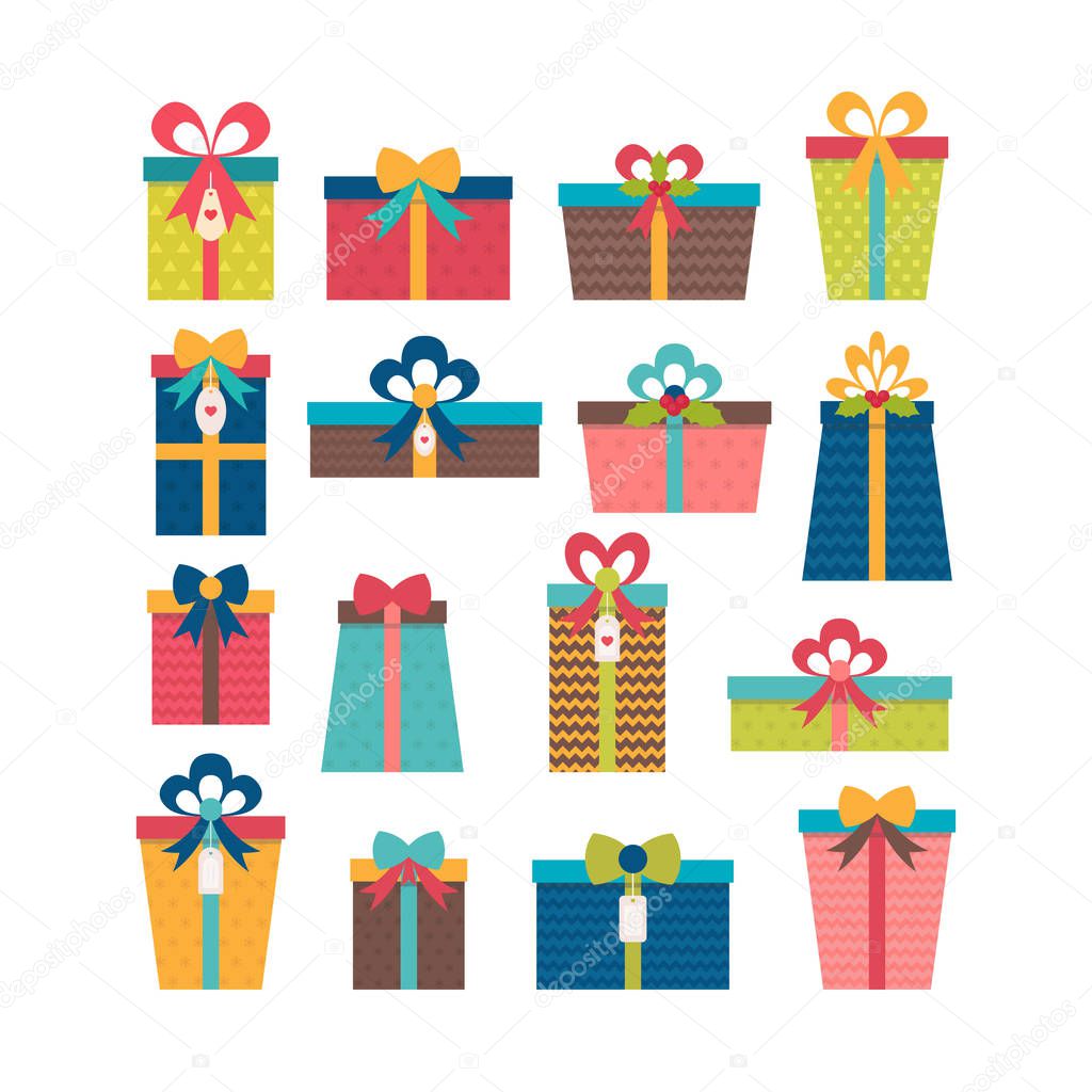 Set of different gift boxes. Colorful wrapped gift boxes. Flat d