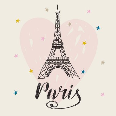 Paris. El çizimi Eyfel Kulesi ile çekilmiş. Kalp ile romantik kartı