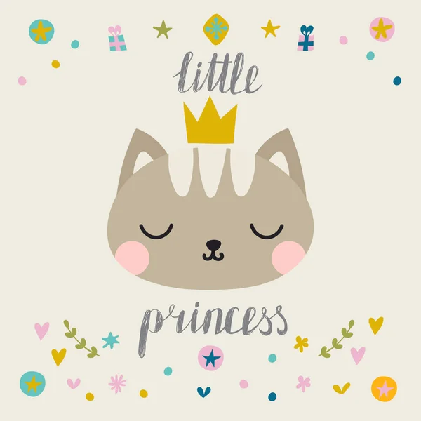 Mała księżniczka. Ładny mały kot z korony. Pussycat mody. Dziecinna pocztówka — Wektor stockowy