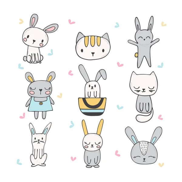 Şirin elle çizilmiş tavşanlar ve kediler kümesi. Çocuk topluluğu — Stok Vektör