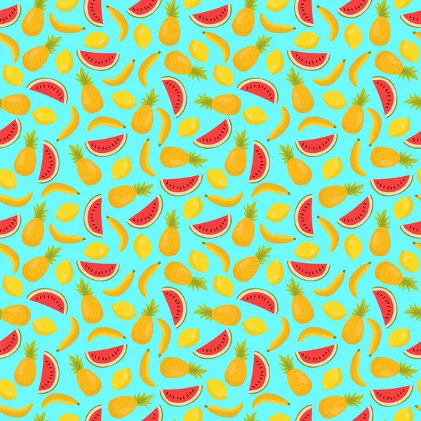 Nahtloses Muster mit Ananas, Bananen und Zitronen. helle Summe — Stockvektor