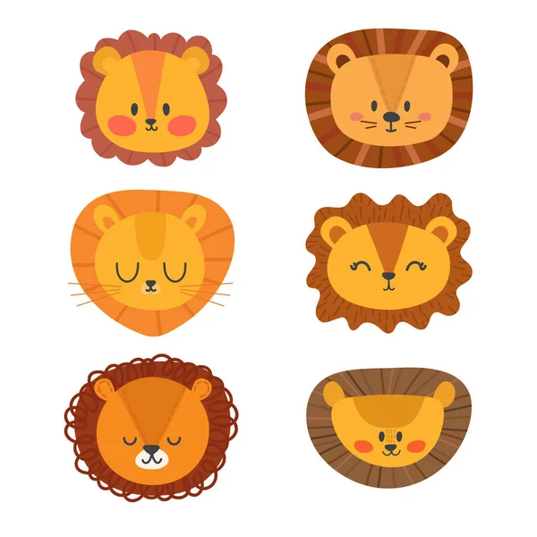 Ensemble de lions mignons. Drôle d'animaux gribouillis. Petit lion en style dessin animé — Image vectorielle