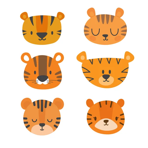 Un ensemble de tigres mignons. Drôle d'animaux gribouillis. Petit tigre dans le style dessin animé — Image vectorielle