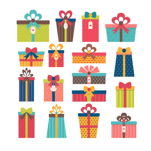 Set di scatole regalo diverse. Design piatto. Colorato regalo avvolto — Vettoriale Stock