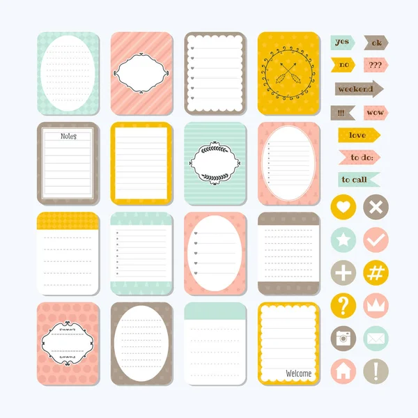 Sablon notebookokhoz. Aranyos design elemek. Megjegyzések, címkék, sti — Stock Vector