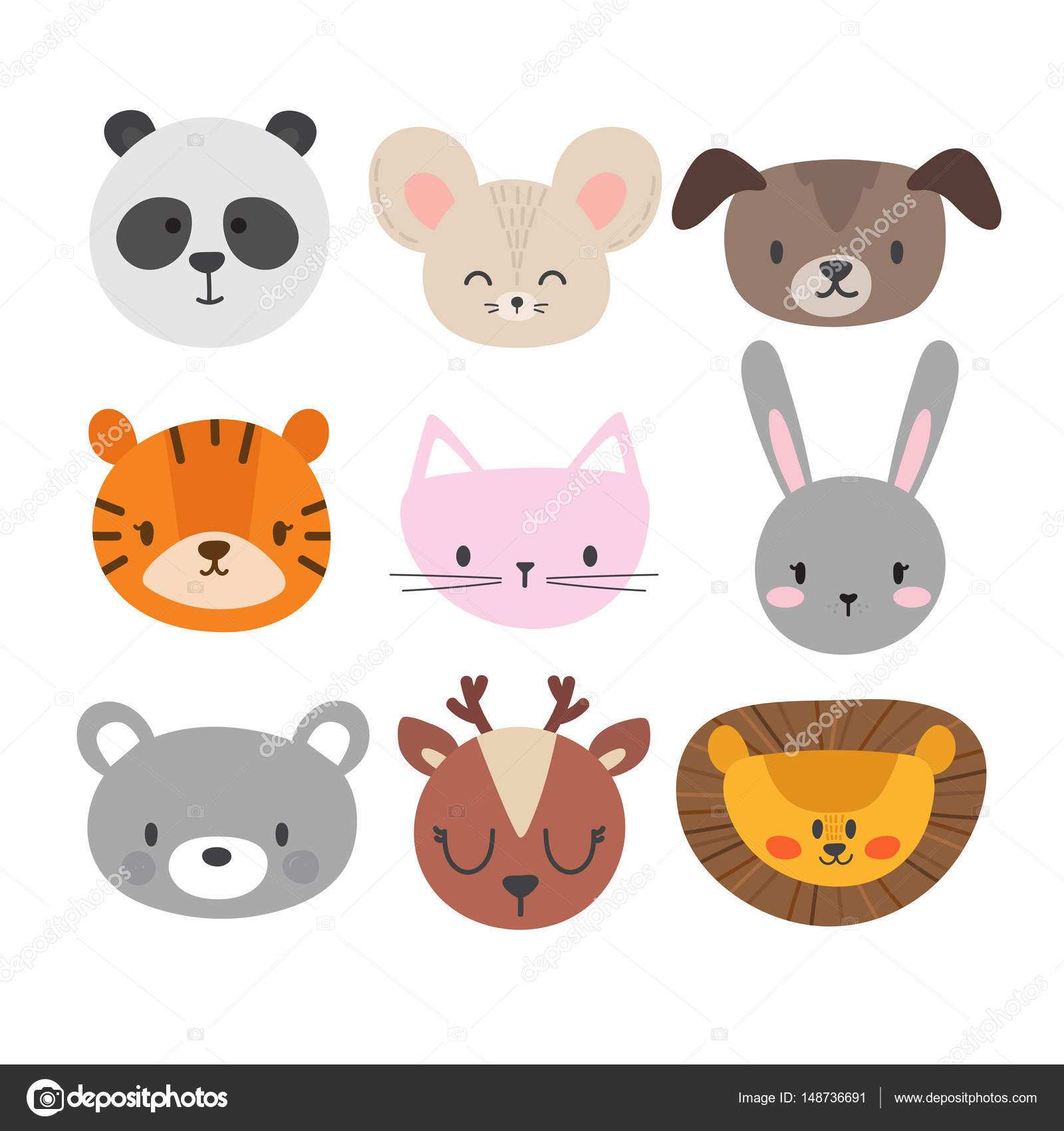 Set di carino disegnato a mano sorridente animali Gatto coniglietto panda Leone