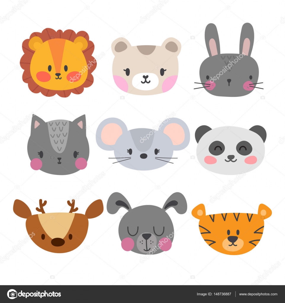 Set di carino disegnato a mano sorridente animali Gatto Leone panda tigre