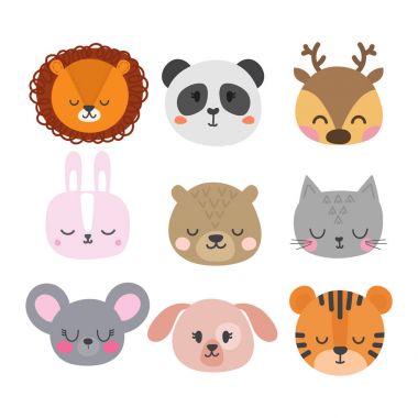 Şirin elle çizilmiş hayvan gülümseyen kümesi. Kedi, tavşan, aslan, panda, kaplan, köpek, geyik, fare ve ayı. Çizgi film Hayvanat Bahçesi