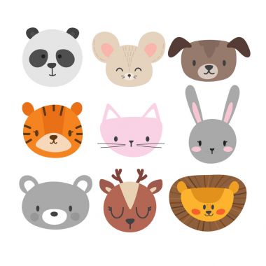 Şirin elle çizilmiş hayvan gülümseyen kümesi. Kedi, tavşan, panda, aslan, kaplan, köpek, geyik, fare ve ayı. Çizgi film Hayvanat Bahçesi