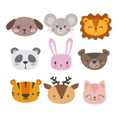 Şirin elle çizilmiş hayvan gülümseyen kümesi. Kedi, panda, kaplan, köpek, geyik, aslan, tavşan, fare ve ayı. Çizgi film Hayvanat Bahçesi