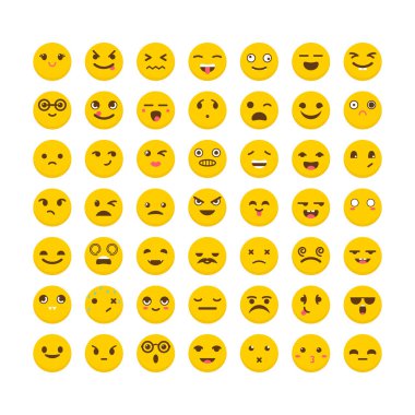 İfadeler kümesi. Şirin emoji simgeler. Düz tasarım. Komik Karikatür yüzler