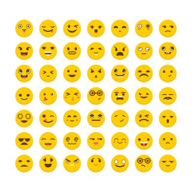 İfadeler kümesi. Düz tasarım. Büyük koleksiyon farklı ifadeleri ile. Şirin emoji simgeler