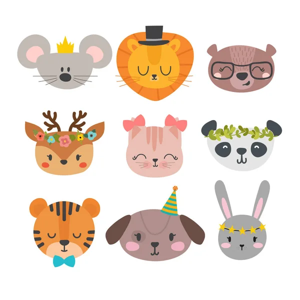 Χαριτωμένα ζώα με αστεία αξεσουάρ. Γελοιογραφία ζωολογικό κήπο. Σύνολο χέρι χαμογελώντας χαρακτήρες. Γάτα, λιοντάρι, panda, σκύλος, τίγρης, ελάφι, λαγουδάκι, ποντίκι και αρκούδα — Διανυσματικό Αρχείο