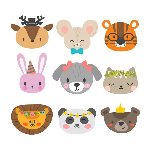 Χαριτωμένα ζώα με αστεία αξεσουάρ. Σύνολο χέρι χαμογελώντας χαρακτήρες. Γάτα, λιοντάρι, σκύλος, τίγρης, panda, ελάφια, λαγουδάκι, ποντίκι και αρκούδα. Ζωολογικός Κήπος κινουμένων σχεδίων — Διανυσματικό Αρχείο