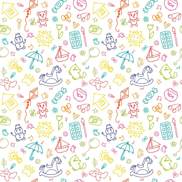 Patrón sin costuras para niñas y niños lindos. Conjunto de bocetos de dibujos en estilo infantil. Doodle niños dibujo fondo — Vector de stock