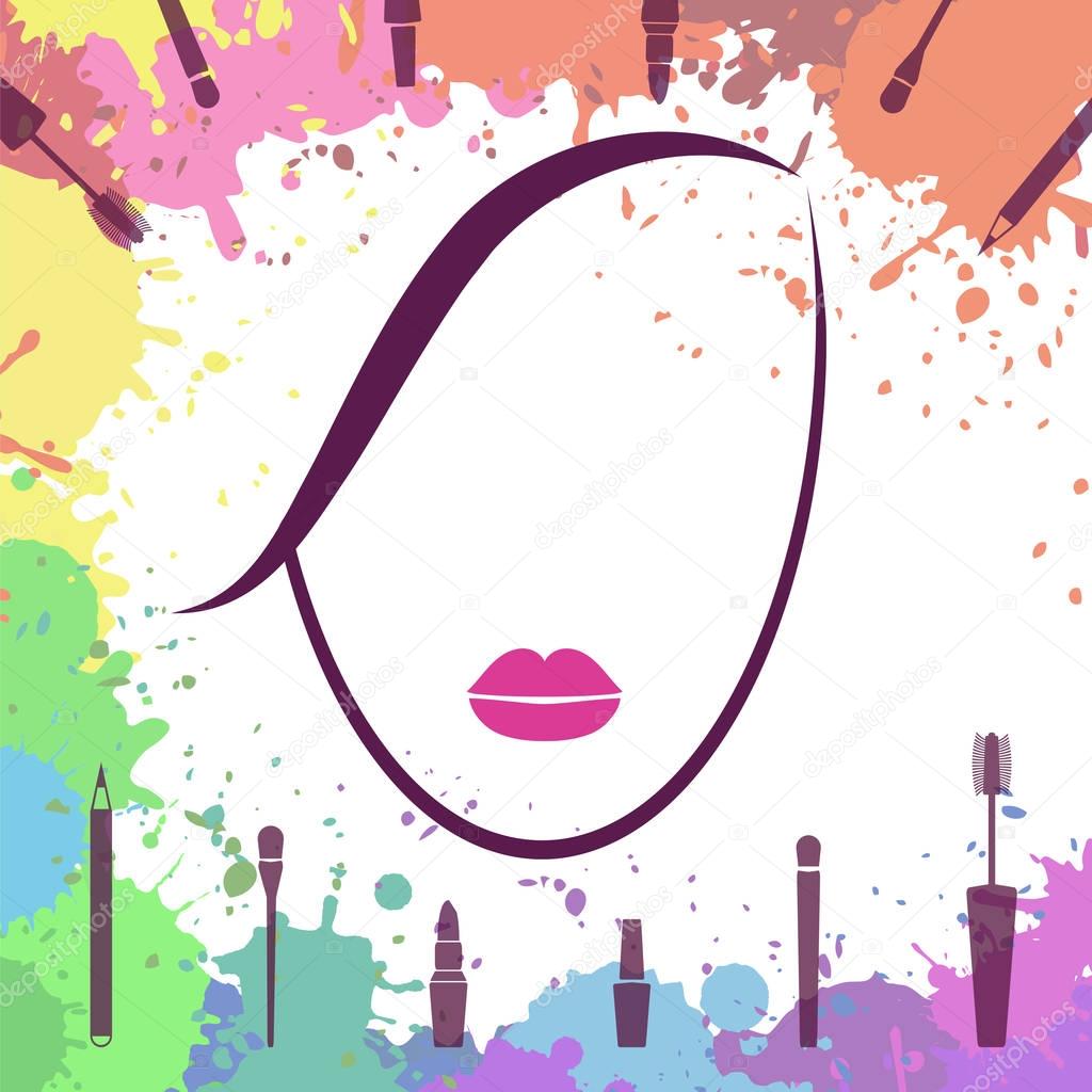 Face of beautiful girl. Makeup artist. Fashion icon. Woman face. Make up elements. Logo template