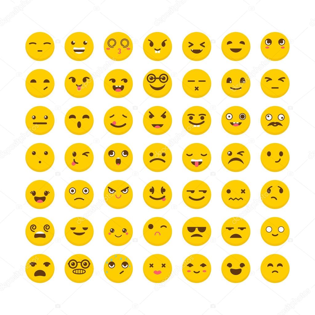 Set of emoticons. Cute emoji icons. Flat design. Big collection with different expressions